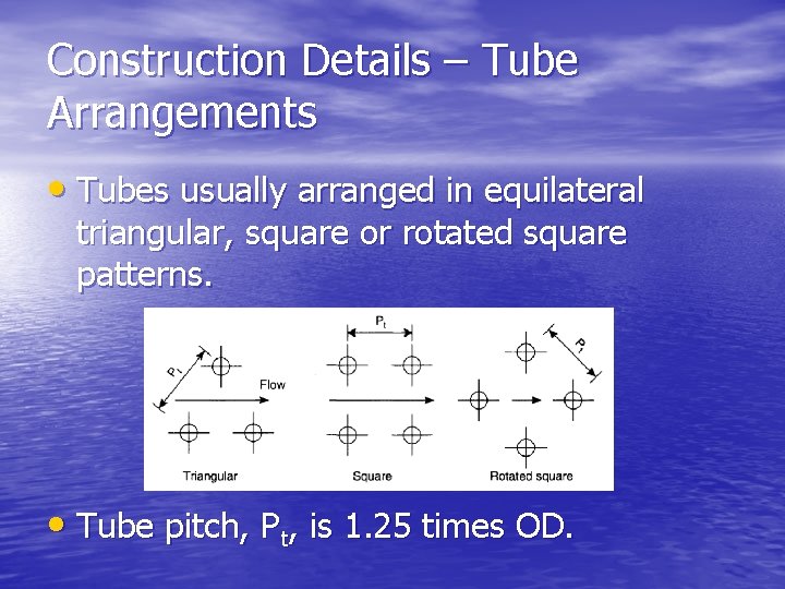 Construction Details – Tube Arrangements • Tubes usually arranged in equilateral triangular, square or