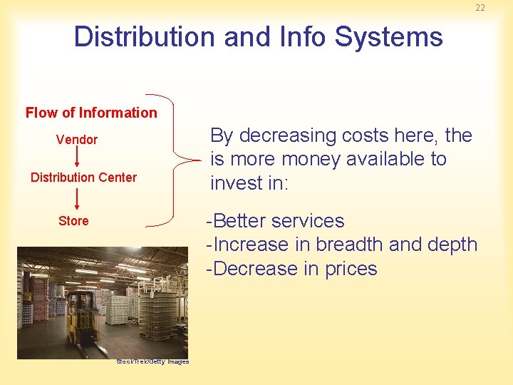 22 Distribution and Info Systems Flow of Information Vendor Distribution Center By decreasing costs
