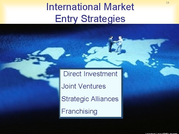 International Market Entry Strategies Direct Investment Joint Ventures Strategic Alliances Franchising 34 