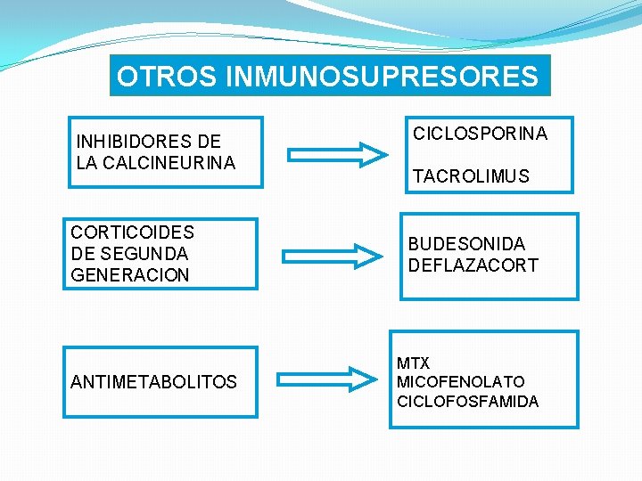 OTROS INMUNOSUPRESORES INHIBIDORES DE LA CALCINEURINA CORTICOIDES DE SEGUNDA GENERACION ANTIMETABOLITOS CICLOSPORINA TACROLIMUS BUDESONIDA