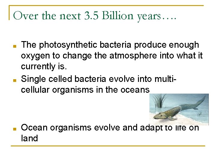 Over the next 3. 5 Billion years…. ■ ■ ■ The photosynthetic bacteria produce Over the next 3. 5 Billion years…. ■ ■ ■ The photosynthetic bacteria produce
