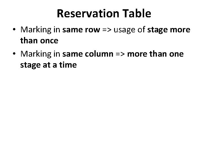 Reservation Table • Marking in same row => usage of stage more than once