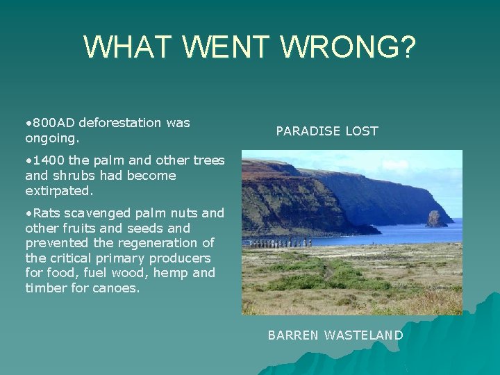 WHAT WENT WRONG? • 800 AD deforestation was ongoing. PARADISE LOST • 1400 the
