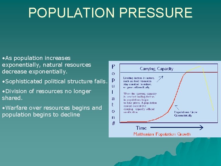 POPULATION PRESSURE • As population increases exponentially, natural resources decrease exponentially. • Sophisticated political