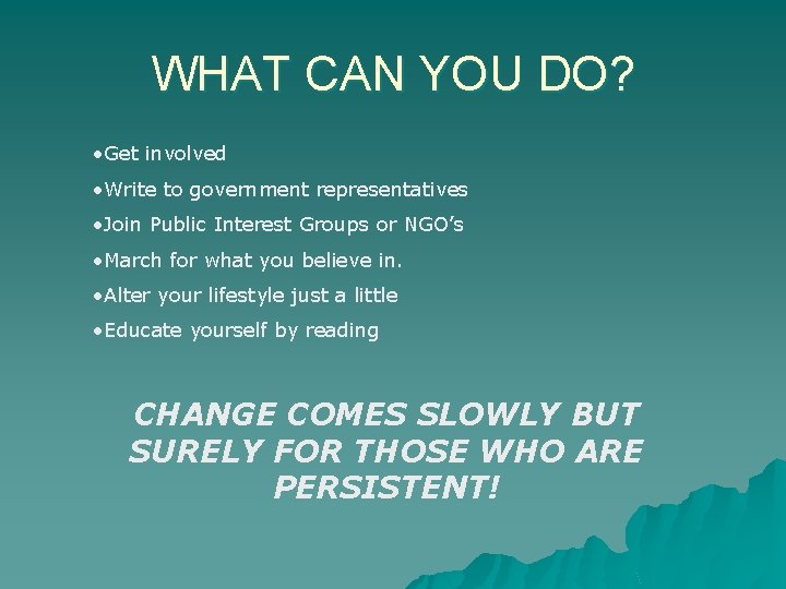 WHAT CAN YOU DO? • Get involved • Write to government representatives • Join