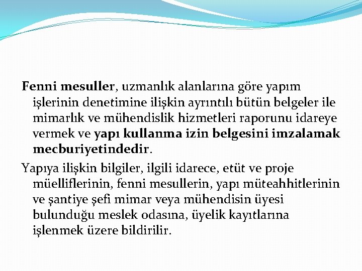 Fenni mesuller, uzmanlık alanlarına göre yapım işlerinin denetimine ilişkin ayrıntılı bütün belgeler ile mimarlık