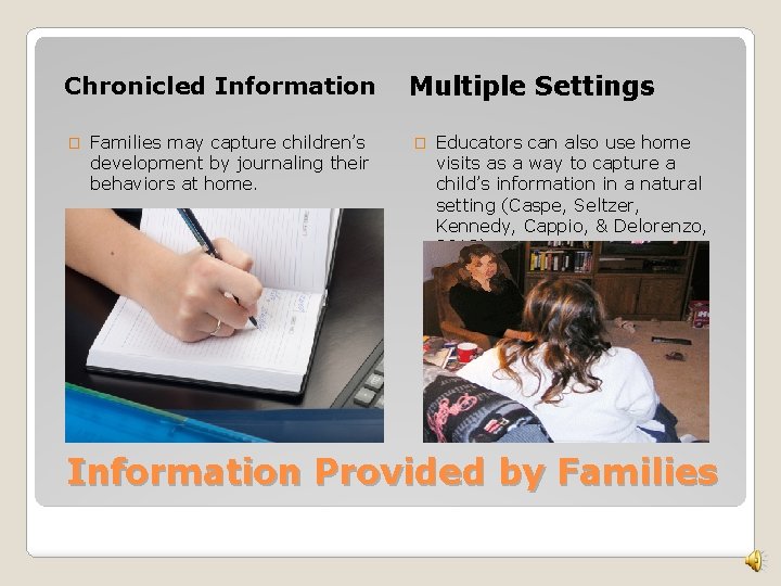 Chronicled Information � Families may capture children’s development by journaling their behaviors at home. Chronicled Information � Families may capture children’s development by journaling their behaviors at home.