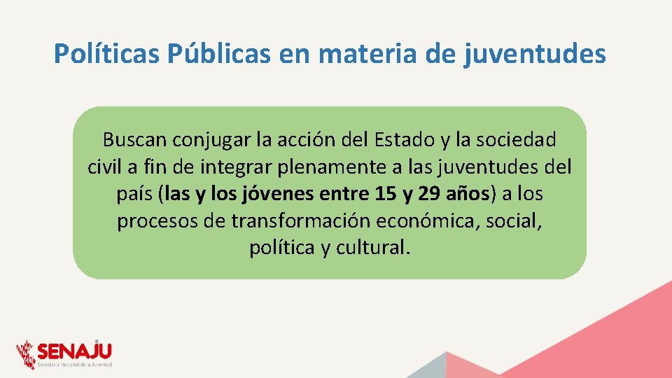 Políticas Públicas en materia de juventudes Buscan conjugar la acción del Estado y la