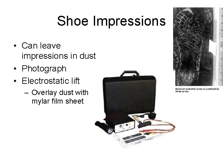 Shoe Impressions • Can leave impressions in dust • Photograph • Electrostatic lift –