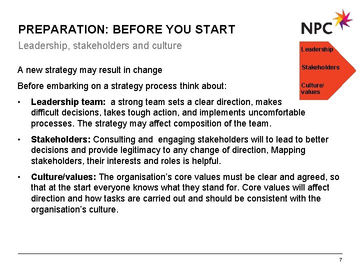 PREPARATION: BEFORE YOU START Leadership, stakeholders and culture Leadership A new strategy may result