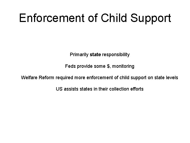 Enforcement of Child Support Primarily state responsibility Feds provide some $, monitoring Welfare Reform