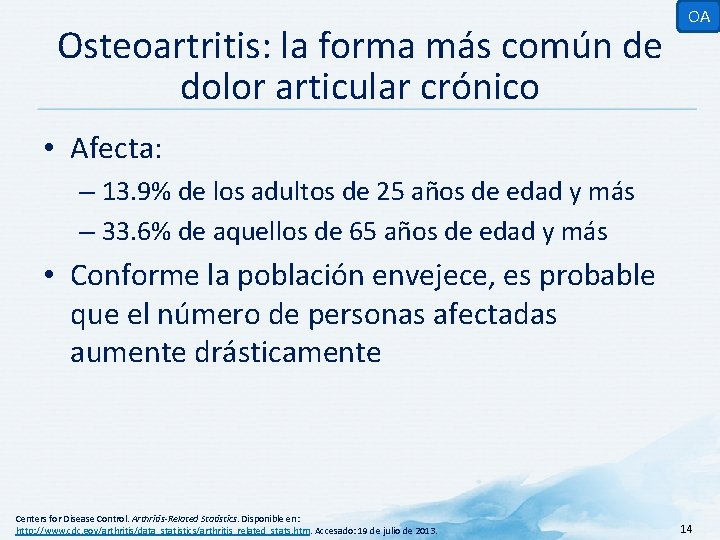 Osteoartritis: la forma más común de dolor articular crónico OA • Afecta: – 13.