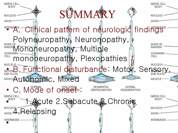 SUMMARY • A. Clinical pattern of neurologic findings Polyneuropathy, Neuronopathy, Mononeuropathy, Multiple mononeuropathy, Plexopathies