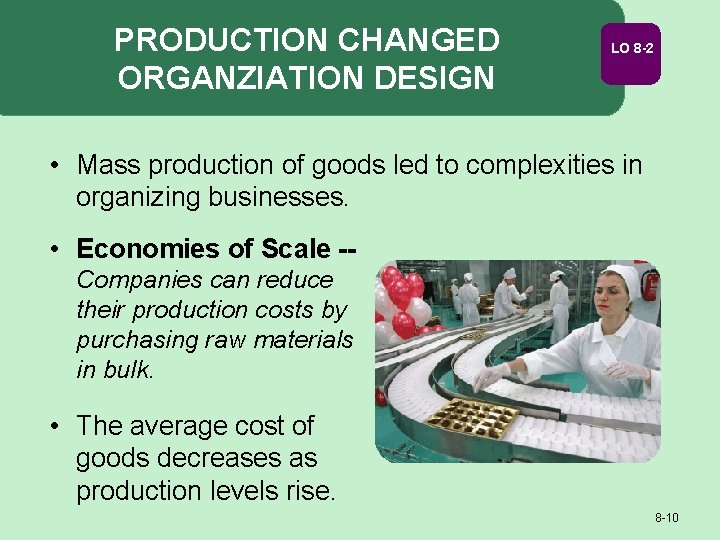 PRODUCTION CHANGED ORGANZIATION DESIGN LO 8 -2 • Mass production of goods led to