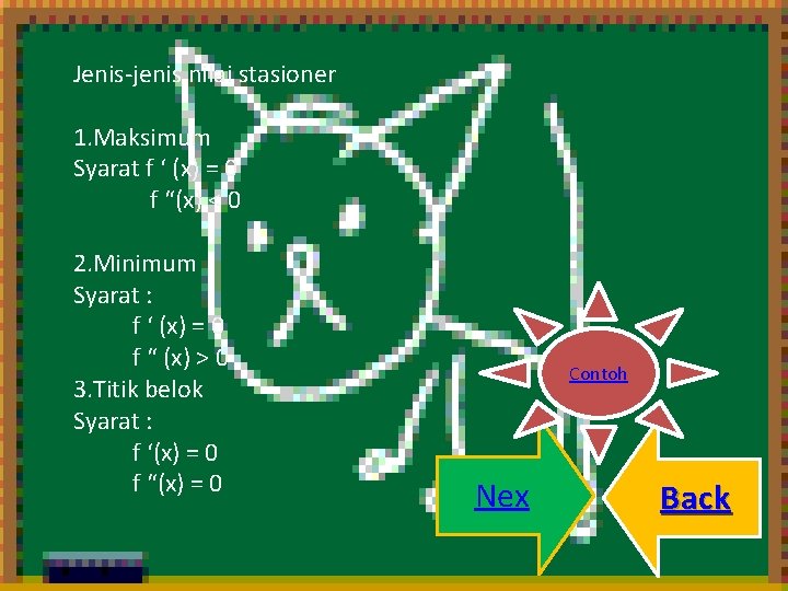 Jenis-jenis nilai stasioner 1. Maksimum Syarat f ‘ (x) = 0 f “(x) <