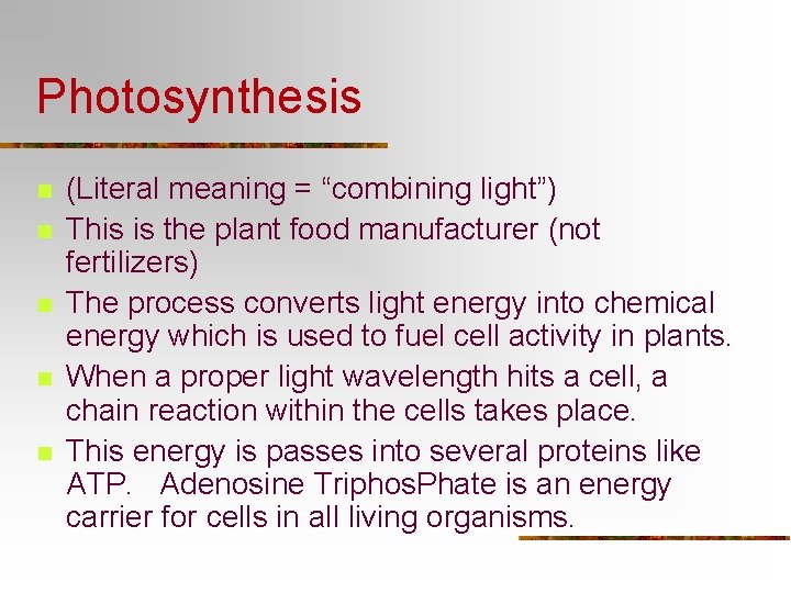 Photosynthesis n n n (Literal meaning = “combining light”) This is the plant food Photosynthesis n n n (Literal meaning = “combining light”) This is the plant food
