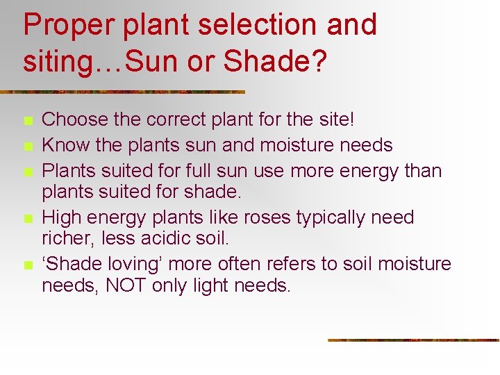 Proper plant selection and siting…Sun or Shade? n n n Choose the correct plant Proper plant selection and siting…Sun or Shade? n n n Choose the correct plant
