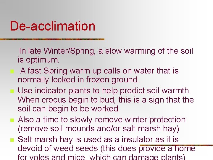 De-acclimation n n In late Winter/Spring, a slow warming of the soil is optimum. De-acclimation n n In late Winter/Spring, a slow warming of the soil is optimum.