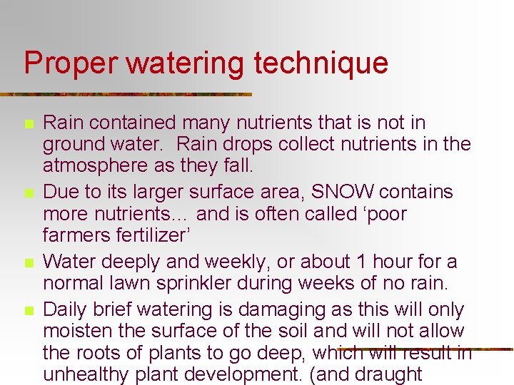 Proper watering technique n n Rain contained many nutrients that is not in ground Proper watering technique n n Rain contained many nutrients that is not in ground