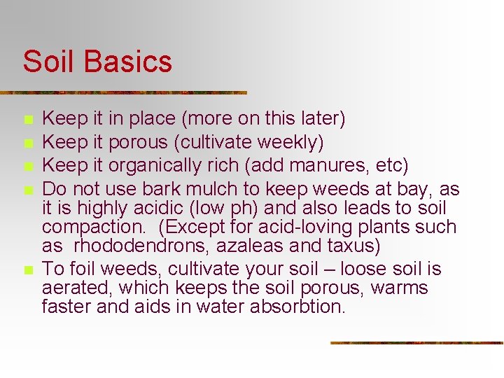 Soil Basics n n n Keep it in place (more on this later) Keep Soil Basics n n n Keep it in place (more on this later) Keep