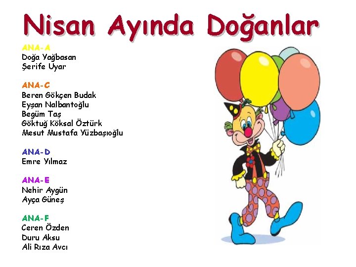 Nisan Ayında Doğanlar ANA-A Doğa Yağbasan Şerife Uyar ANA-C Beren Gökçen Budak Eyşan Nalbantoğlu