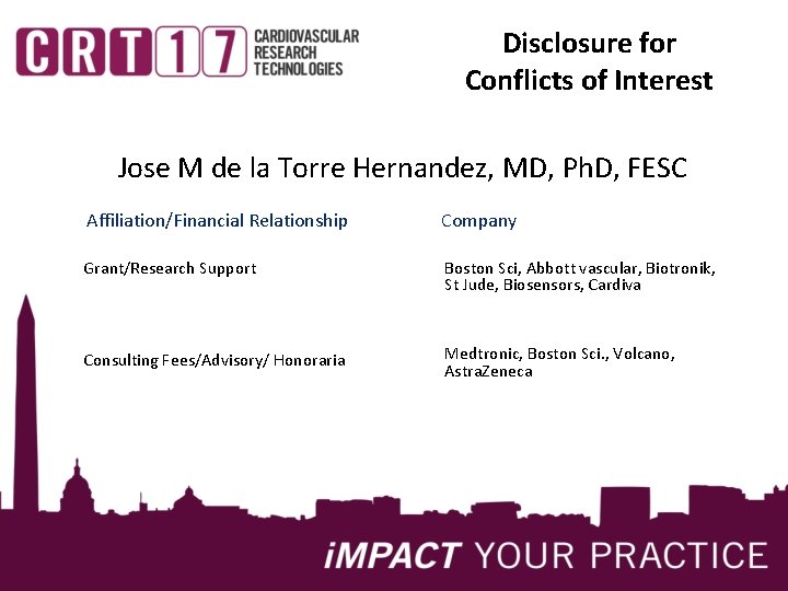 Disclosure for Conflicts of Interest Jose M de la Torre Hernandez, MD, Ph. D,