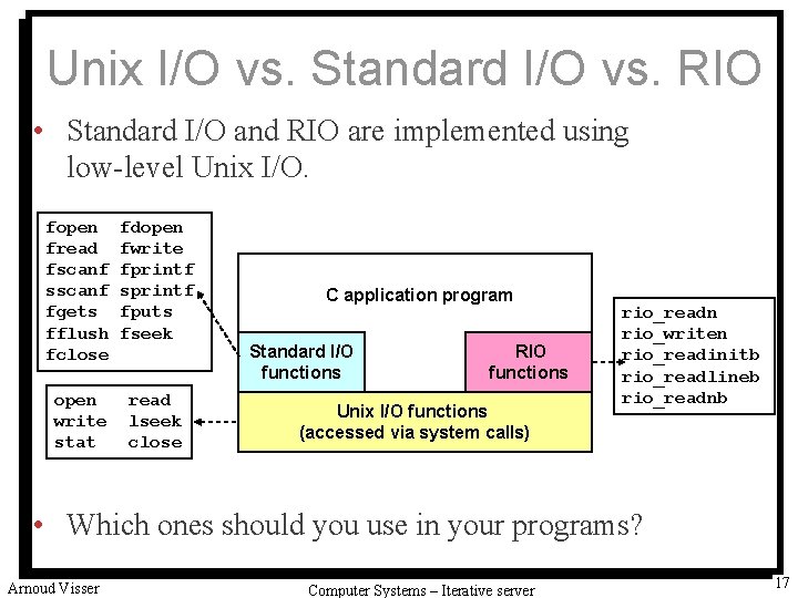 Unix I/O vs. Standard I/O vs. RIO • Standard I/O and RIO are implemented
