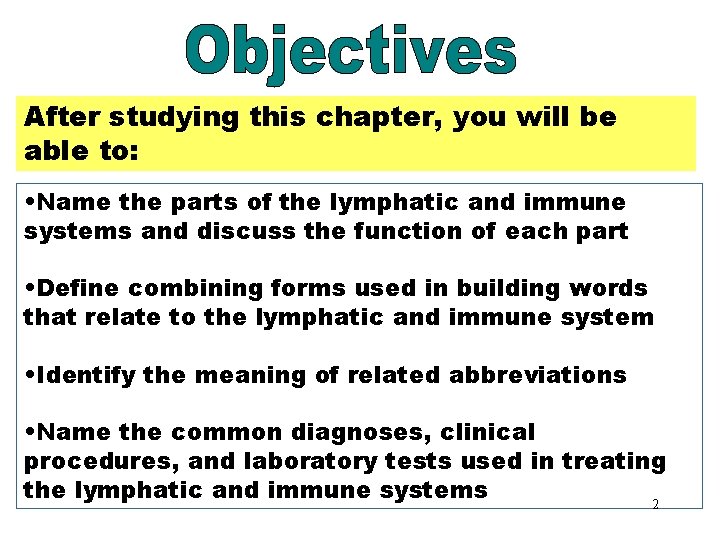 Objectives After studying this chapter, you will be able to: • Name the parts