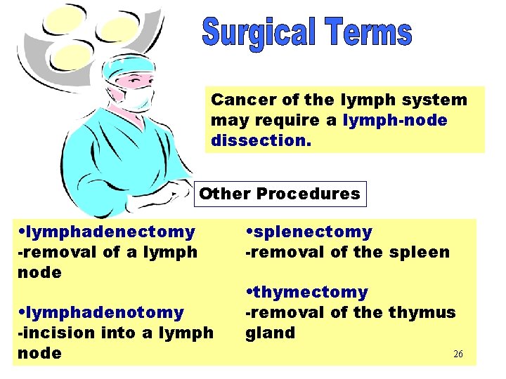 Surgical Terms Cancer of the lymph system may require a lymph-node dissection. Other Procedures