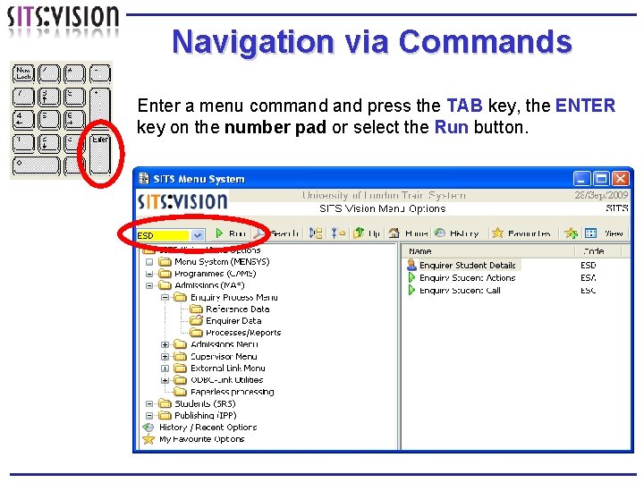 Navigation via Commands Enter a menu command press the TAB key, the ENTER key