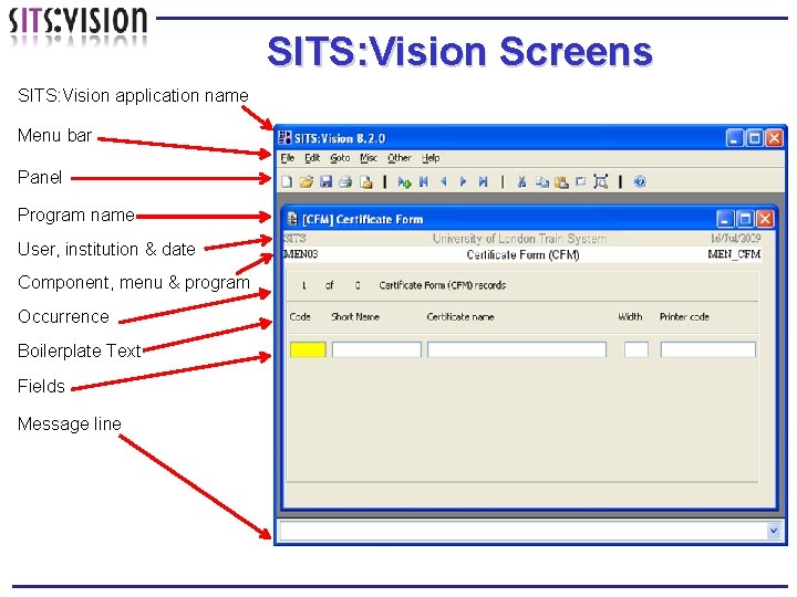 SITS: Vision Screens SITS: Vision application name Menu bar Panel Program name User, institution