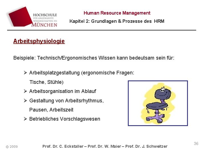 Human Resource Management Kapitel 2: Grundlagen & Prozesse des HRM Arbeitsphysiologie Beispiele: Technisch/Ergonomisches Wissen