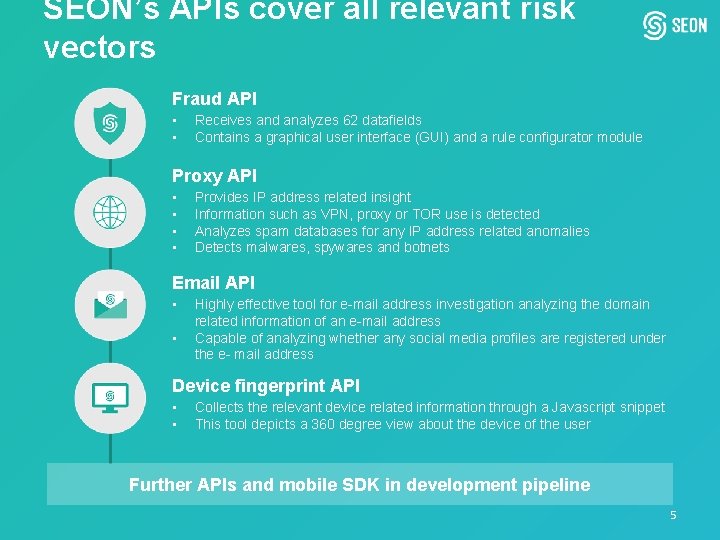 SEON’s APIs cover all relevant risk vectors Fraud API • • Receives and analyzes SEON’s APIs cover all relevant risk vectors Fraud API • • Receives and analyzes