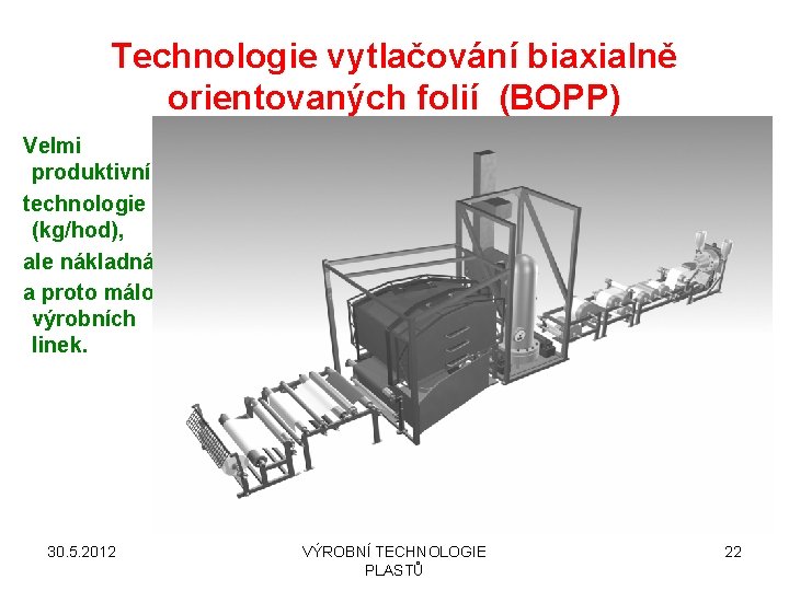 Technologie vytlačování biaxialně orientovaných folií (BOPP) Velmi produktivní technologie (kg/hod), ale nákladná a proto
