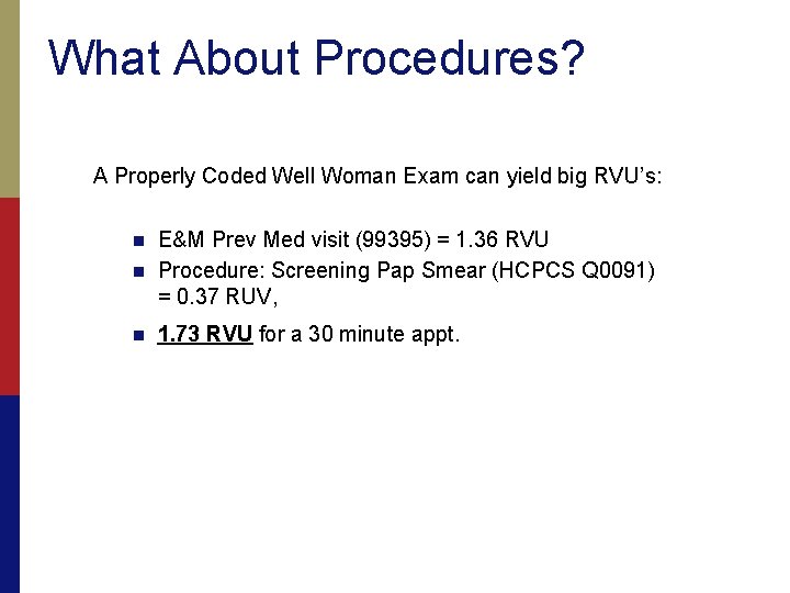 What About Procedures? A Properly Coded Well Woman Exam can yield big RVU’s: n