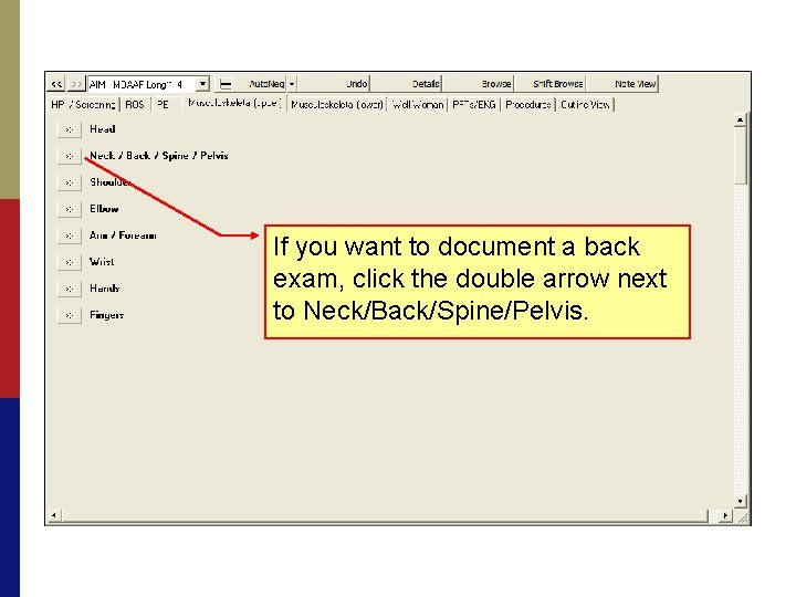 If you want to document a back exam, click the double arrow next to