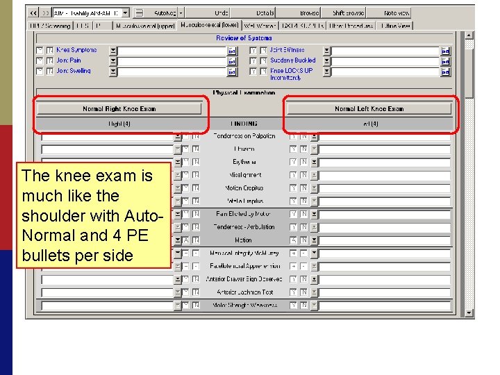 The knee exam is much like the shoulder with Auto. Normal and 4 PE