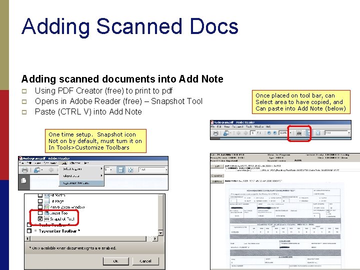 Adding Scanned Docs Adding scanned documents into Add Note p p p Using PDF