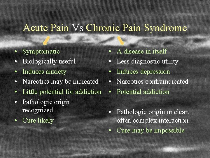 Acute Pain Vs Chronic Pain Syndrome • • • Symptomatic Biologically useful Induces anxiety