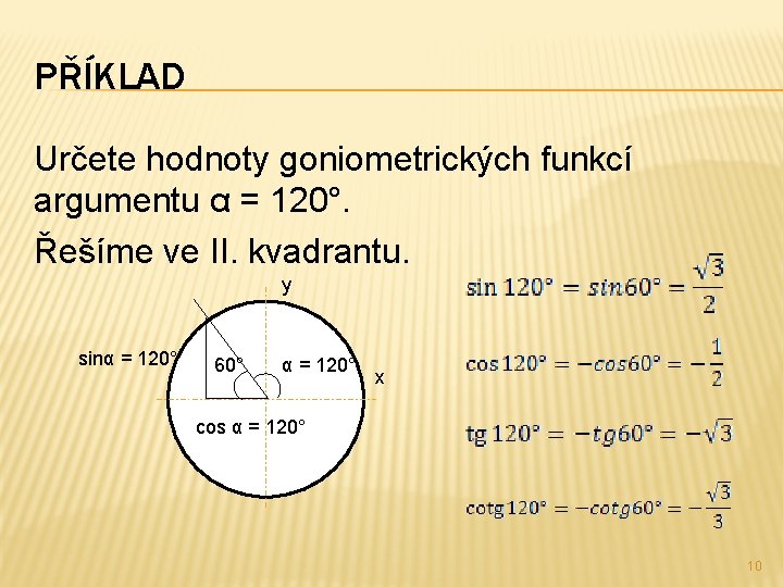 PŘÍKLAD Určete hodnoty goniometrických funkcí argumentu α = 120°. Řešíme ve II. kvadrantu. y