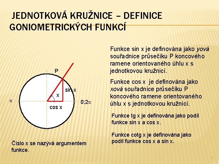 JEDNOTKOVÁ KRUŽNICE – DEFINICE GONIOMETRICKÝCH FUNKCÍ Funkce sin x je definována jako yová souřadnice