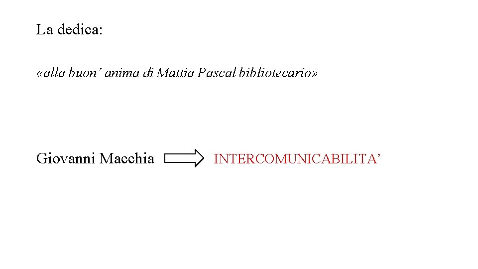 La dedica: «alla buon’ anima di Mattia Pascal bibliotecario» Giovanni Macchia INTERCOMUNICABILITA’ La dedica: «alla buon’ anima di Mattia Pascal bibliotecario» Giovanni Macchia INTERCOMUNICABILITA’
