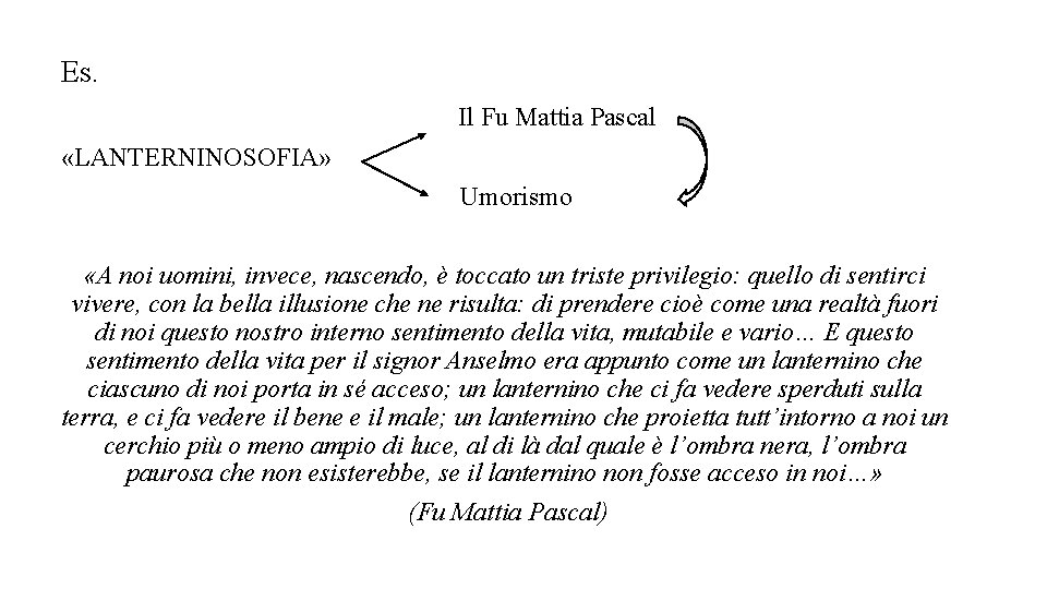 Es. Il Fu Mattia Pascal «LANTERNINOSOFIA» Umorismo «A noi uomini, invece, nascendo, è toccato Es. Il Fu Mattia Pascal «LANTERNINOSOFIA» Umorismo «A noi uomini, invece, nascendo, è toccato