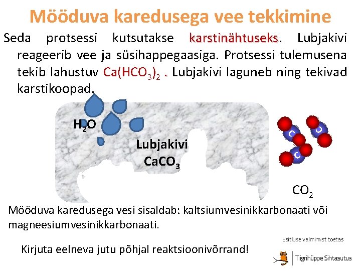 Mööduva karedusega vee tekkimine Seda protsessi kutsutakse karstinähtuseks Lubjakivi reageerib vee ja süsihappegaasiga. Protsessi