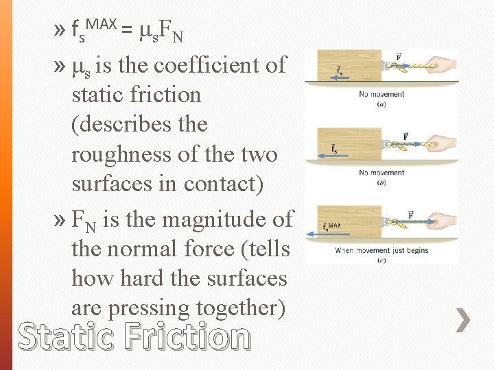 » fs. MAX = μs. FN » μs is the coefficient of static friction