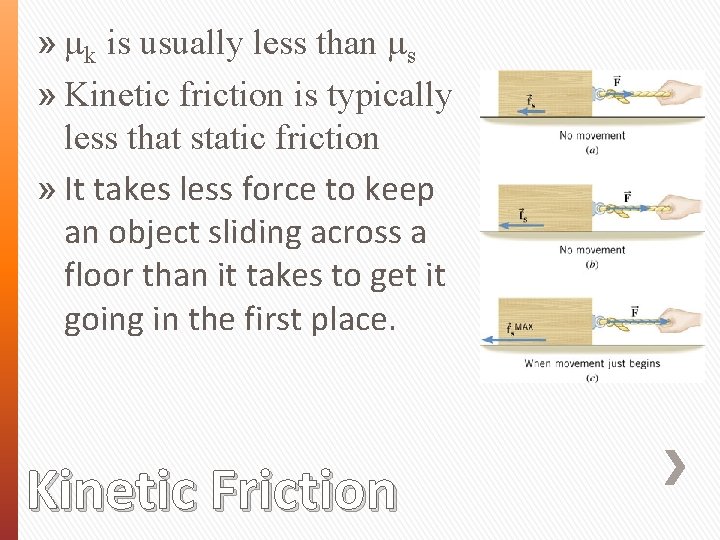 » μk is usually less than μs » Kinetic friction is typically less that