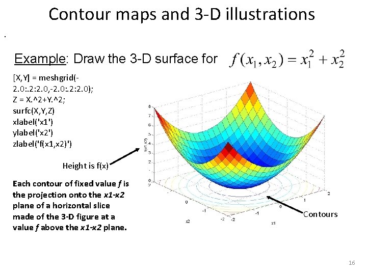 Contour maps and 3 -D illustrations. Example: Draw the 3 -D surface for [X,