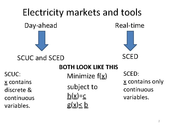 Electricity markets and tools Day-ahead Real-time SCUC and SCED SCUC: x contains discrete &