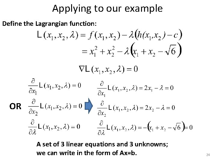 Applying to our example Define the Lagrangian function: OR A set of 3 linear