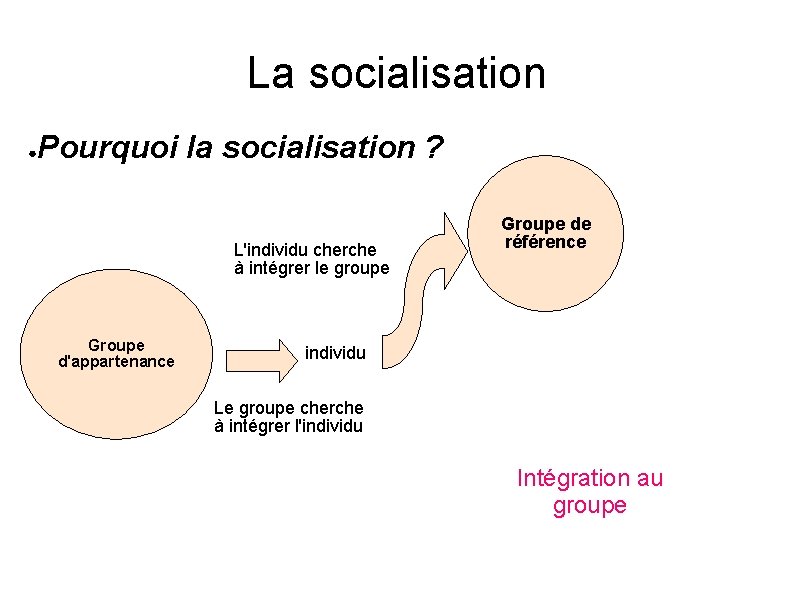 La socialisation ● Pourquoi la socialisation ? L'individu cherche à intégrer le groupe Groupe